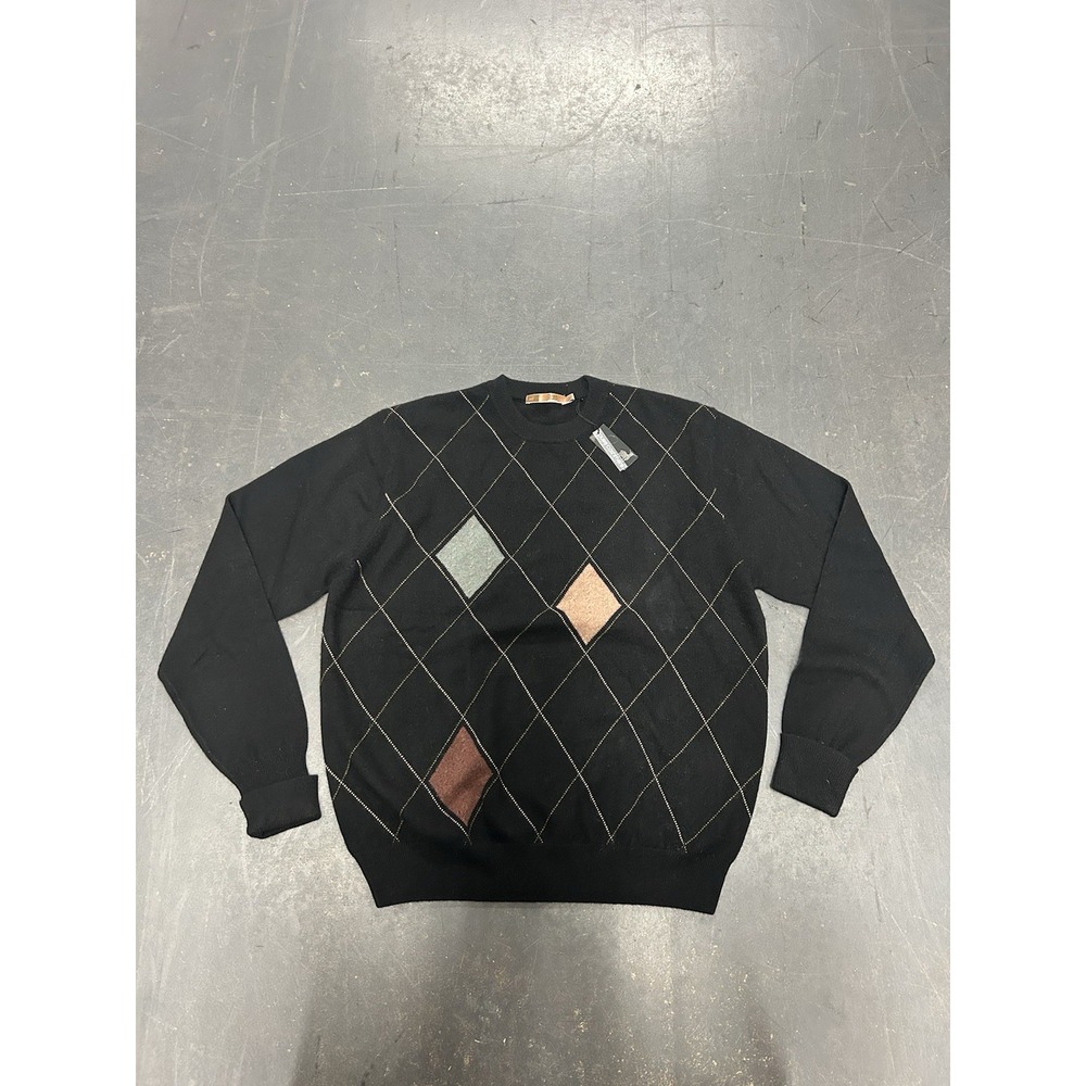 Raffi Mens Cashmere Sweater Sz Large Pullover Crewneck Argyle Black Diamond LTD